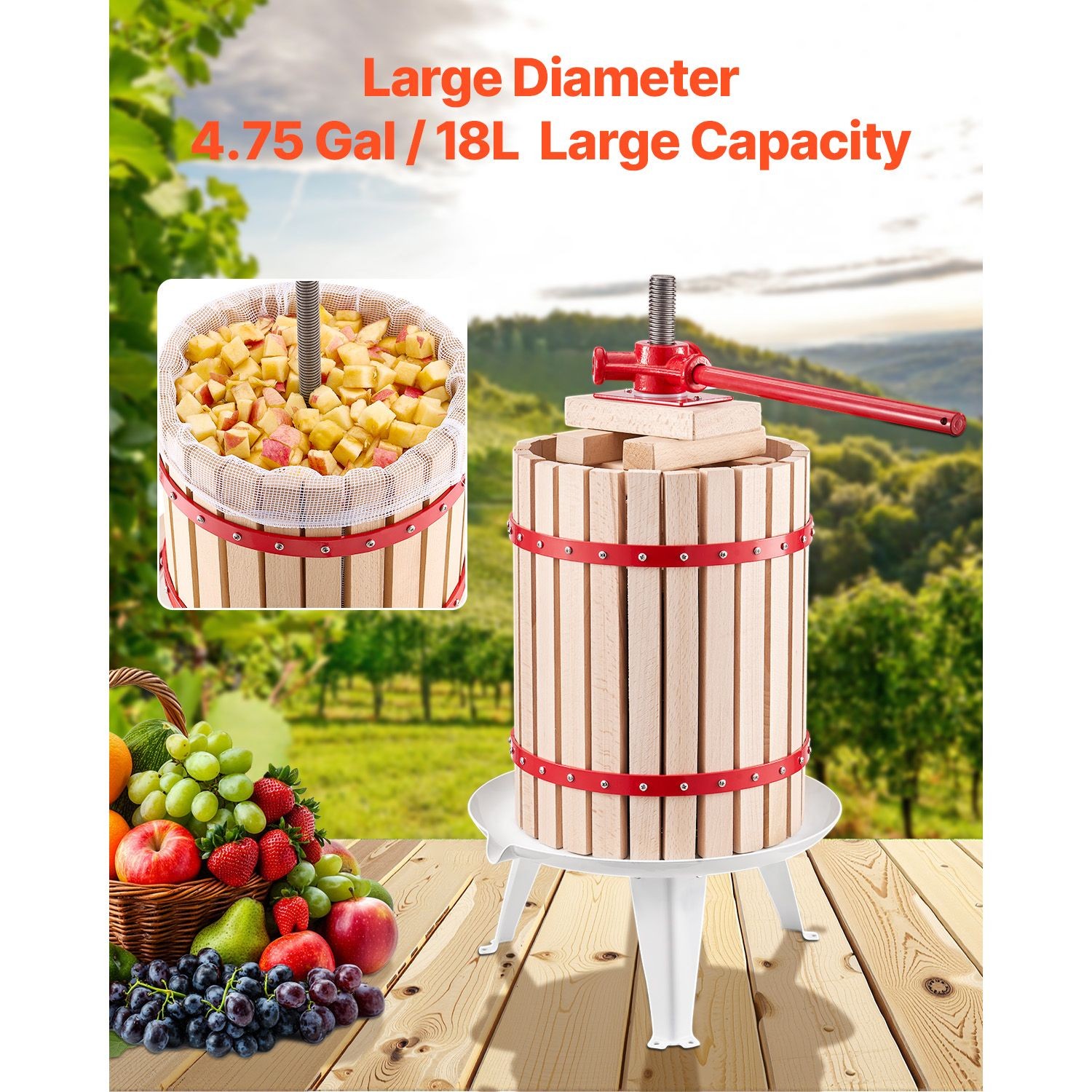 4.75 Gal Fruit Wine Press, Solid Wood Basket with 8 Blocks, Manual Juice Maker