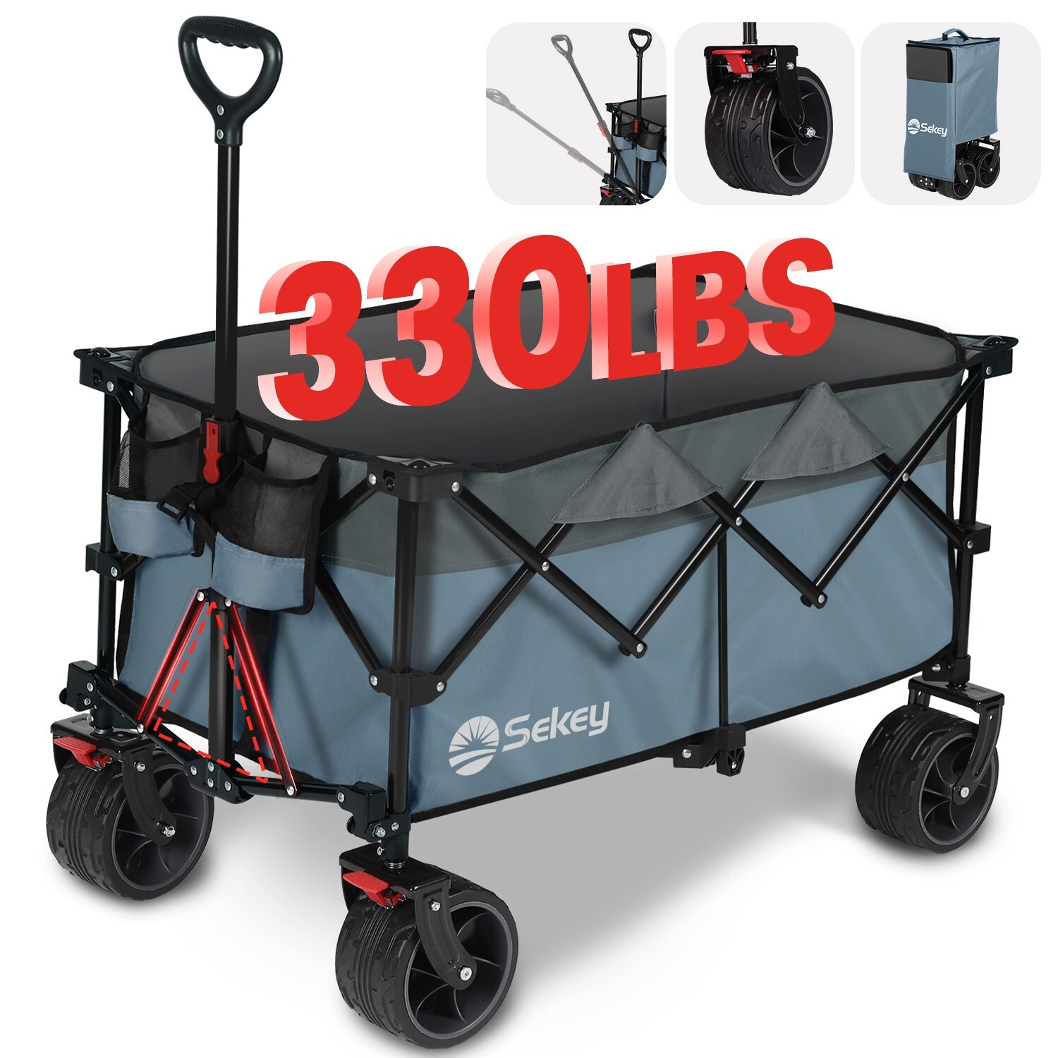 Heavy Duty 330LB Capacity Folding Wagon All-Terrain Wheels, Utility, Blue-Gray