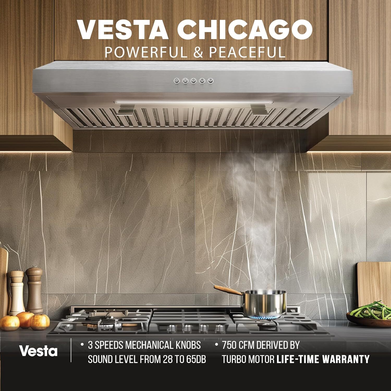 VESTA Chicago 750CFM Powerful 30” Under Cabinet Range Hood