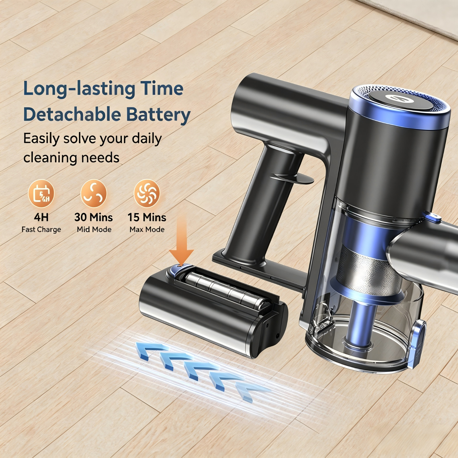 Cordless Vacuum Cleaner 65KPa Lightweight Pet Hair Carpet Hardwood Stick 1.5L