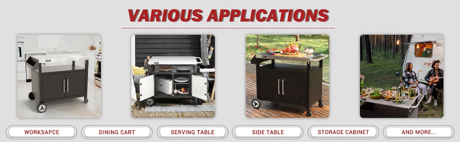 Royal Gourmet Movable Kitchen Cart with Storage Cabinet Grill Food Prep Table