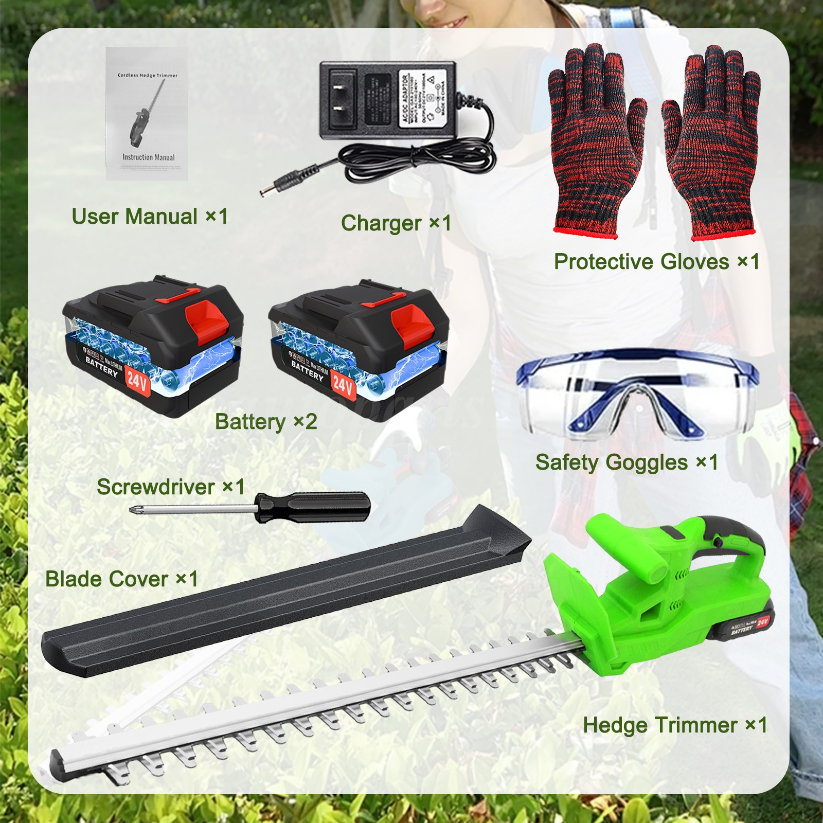 20/22In-24V Cordless Hedge Trimmer Cordless Electric Hedge Trimmer w/2 Batteries