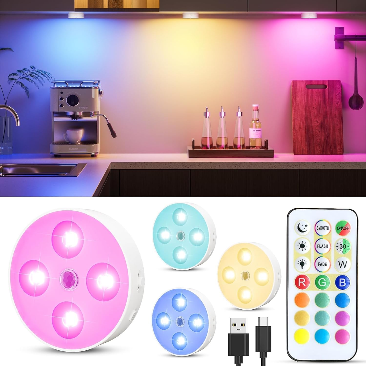 RGB Puck Lights with Remote & Motion – 1500mAh Rechargeable Under Cabinet …