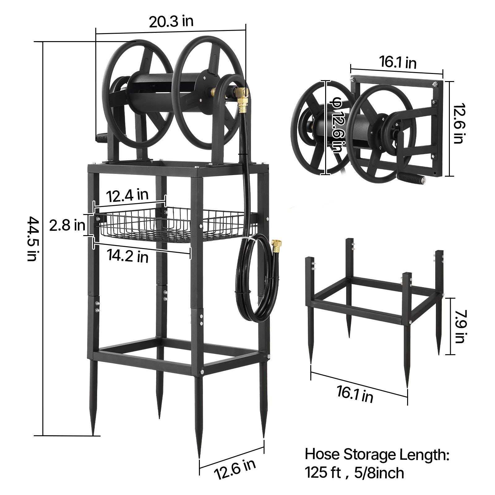 Uimoso Freestanding Hose Reel for 125 ft of 5/8-inch Hose, Wall-Mount Option