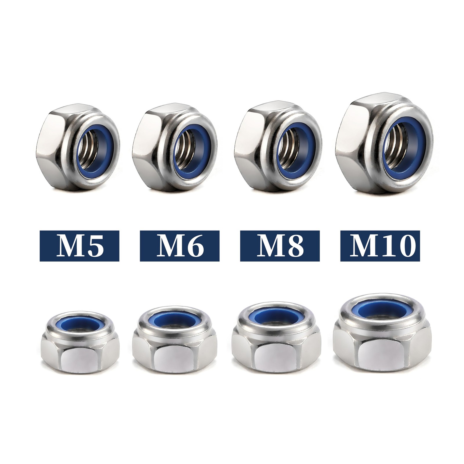 M10 x 1.5mm Nylon Insert Hex Lock Nuts 100Pcs 304 Stainless Steel M10, Silver