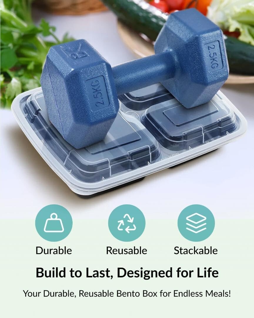 Enther Meal Prep Reusable Containers 36oz, 3 Compartment with Lids, [12 Pack]
