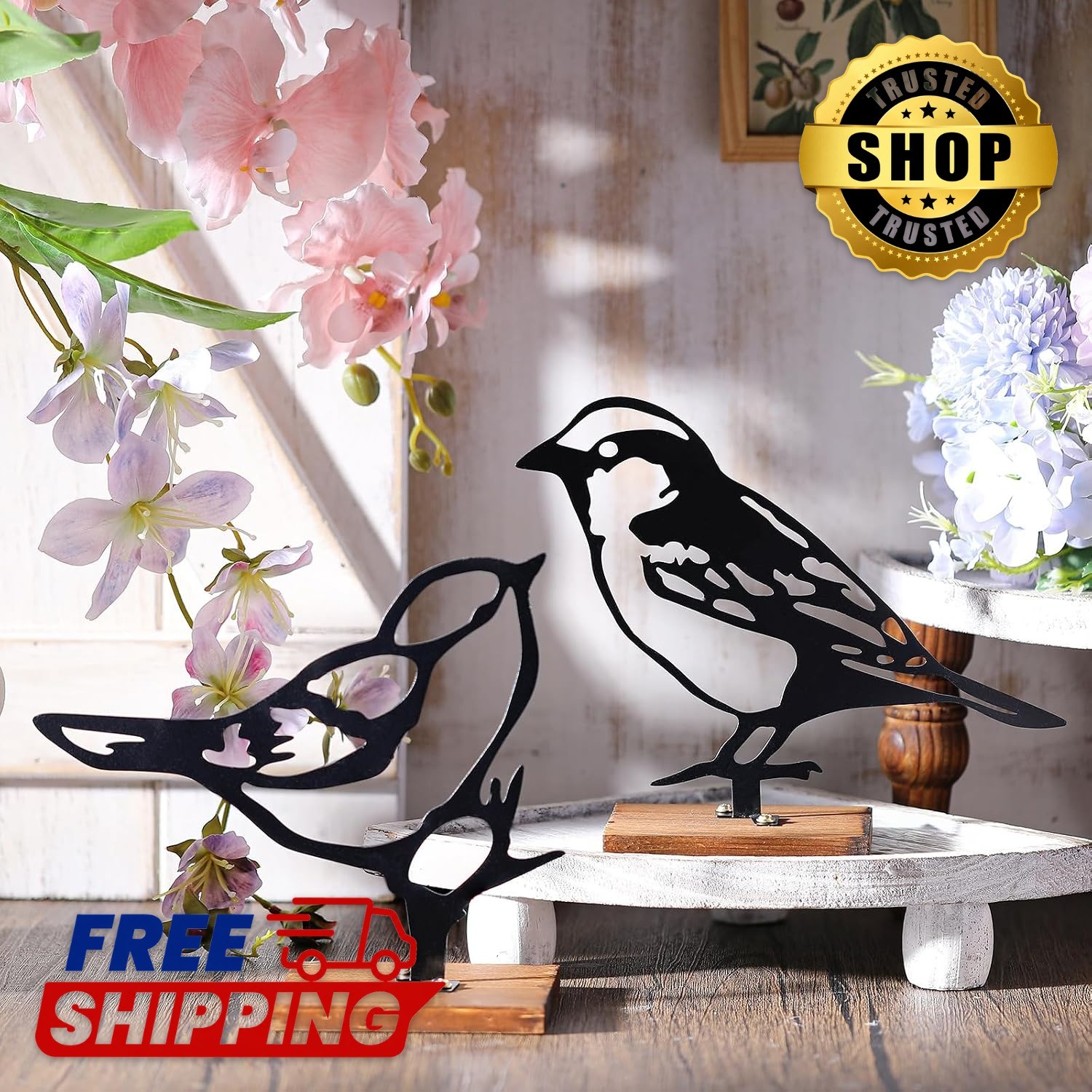 2Pcs Metal Bird Figurines Rustic Tabletop Decor with Wooden Base 5.91in