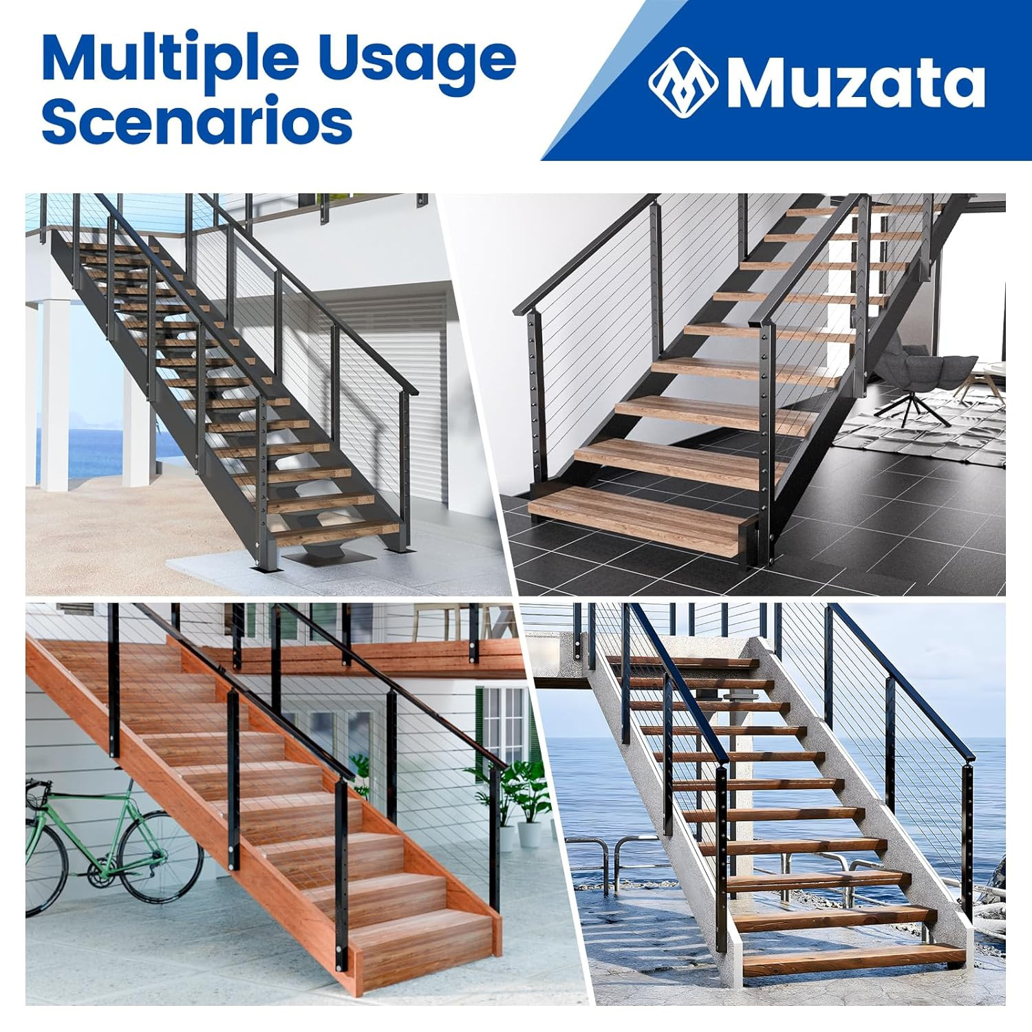 Aluminum Black Side Mount Stair Cable Railing Post 36 Inch for 25-35 Degrees Sta