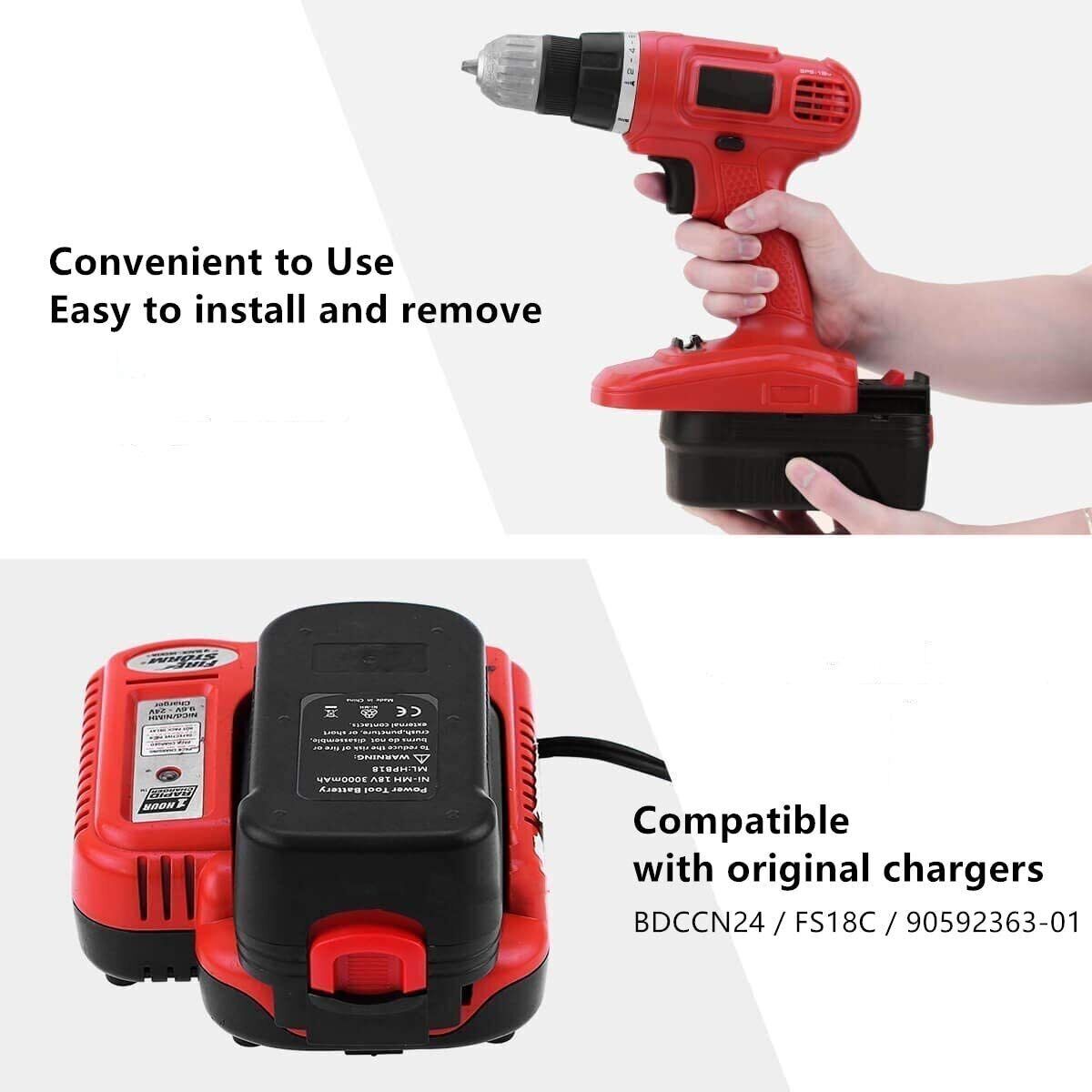 2X Battery for Black and Decker HPB18 18Volt HPB18-OPE /18V-24V Battery Charger