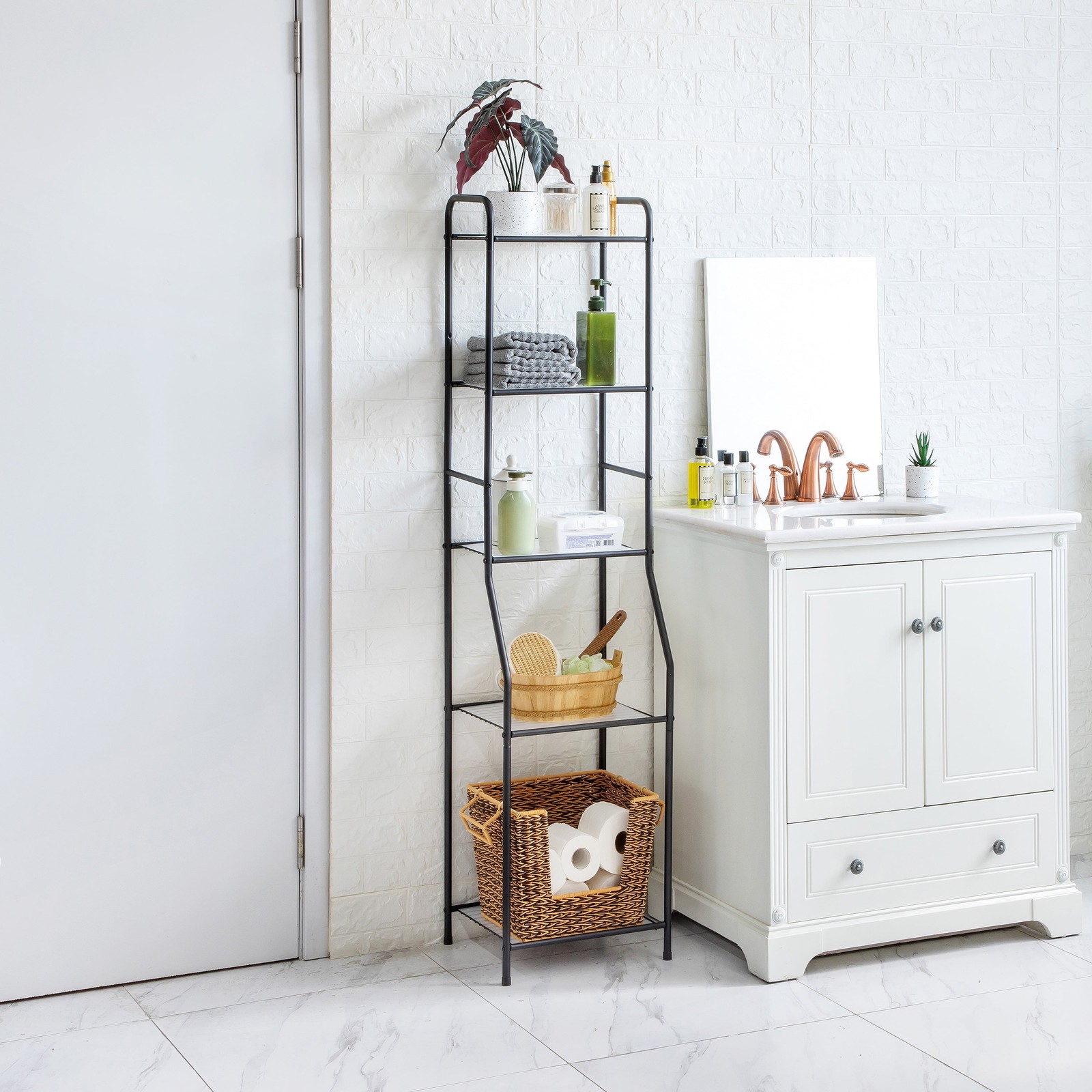 Matte Black Steel 5-Shelf Bathroom Storage Tower Unit