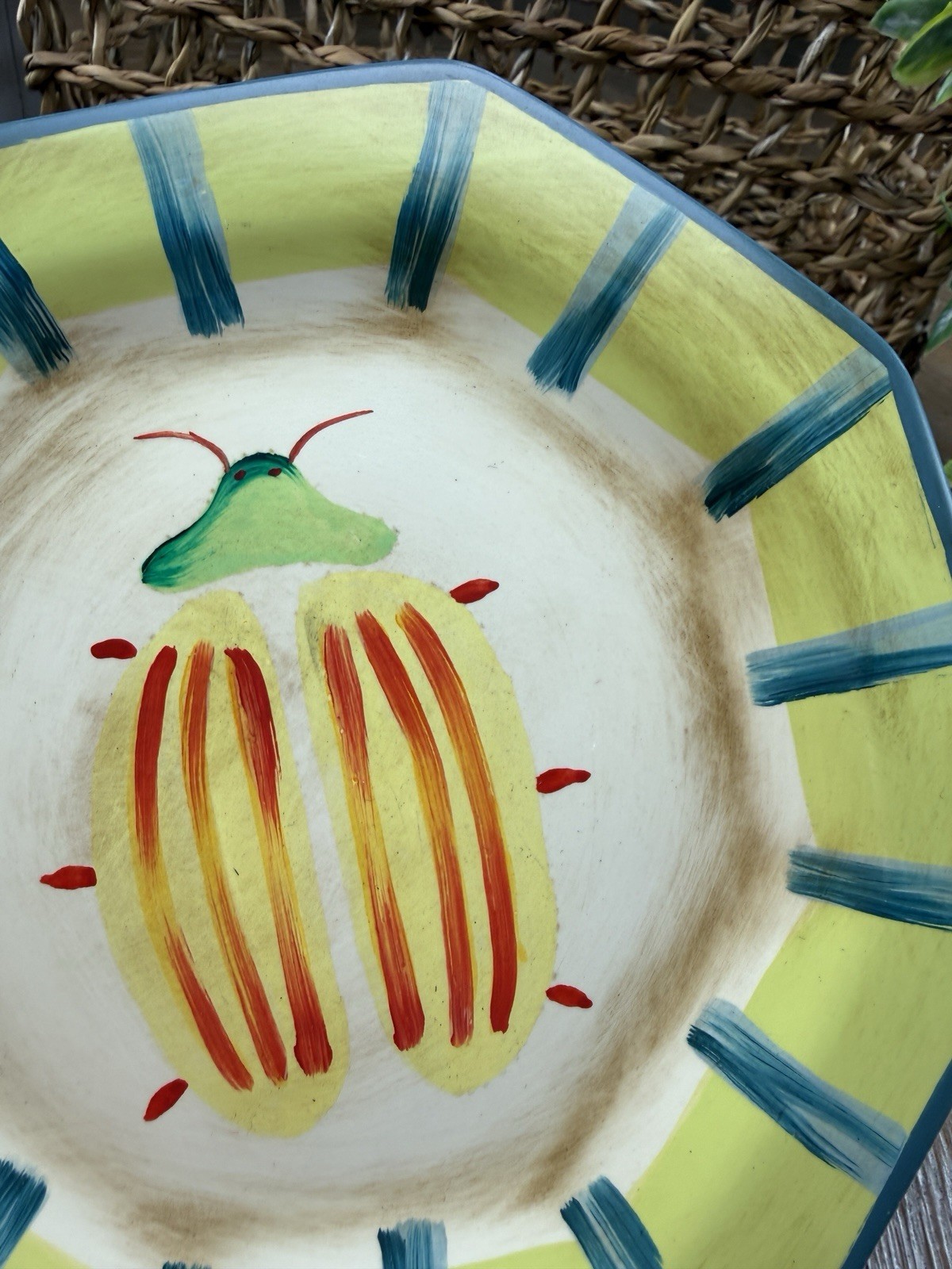 Vintage Decorative Beetle Accent Plate 8” Octagon Wall Plate Garden Bug Decor