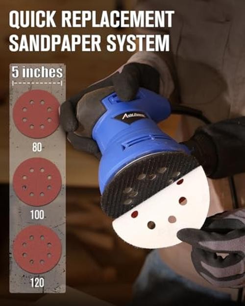 5” Random Orbital Sander Tool Palm Sander for Woodworking | Electric Blue