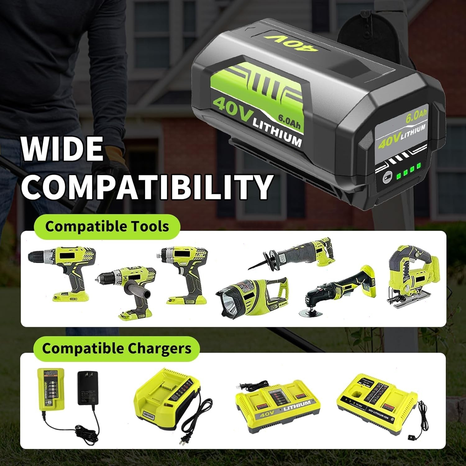 4.0Ah Battery 40 Volt for Ryobi 40V Lithium OP40602 Battery with LED / Charger