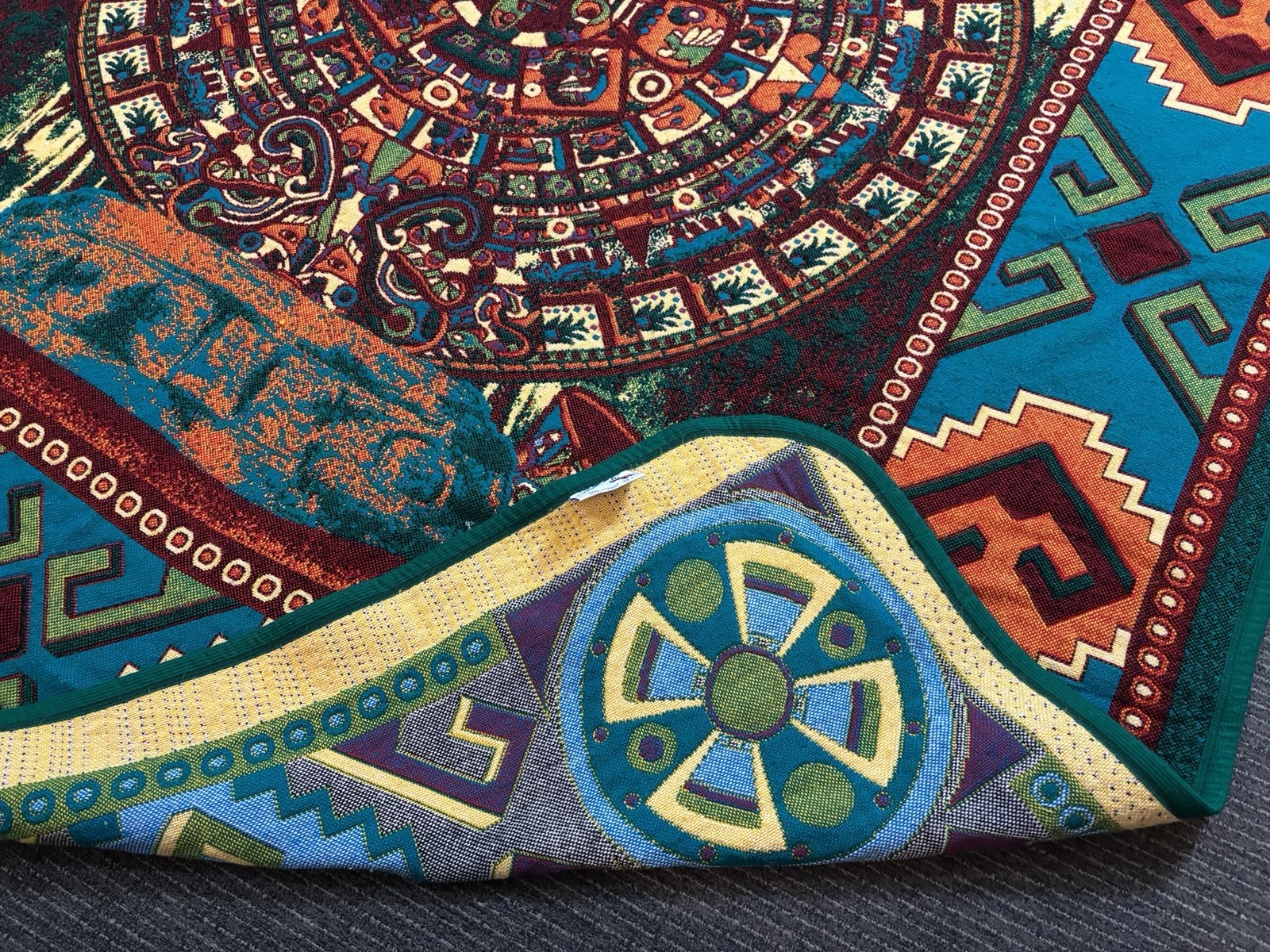 Vtg Monarca Mexico Aztec Sun Stone Calendar Blanket Tapestry Blue Queen/King