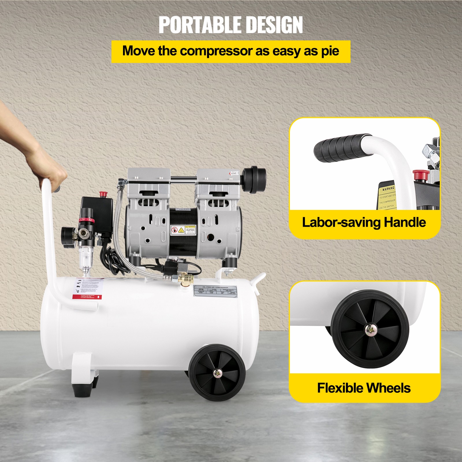 VEVOR 1HP Oil Free Air Compressor 115 PSI w/6.6 Gallon Steel Tank Ultra Quiet