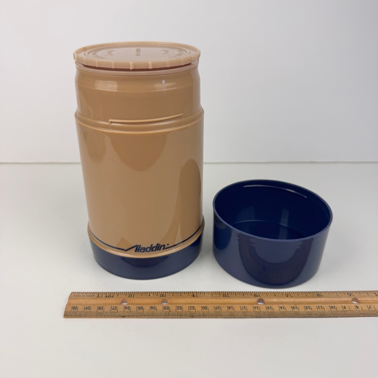 Vtg Aladdin Plastic Travel Thermos Tan Blue Pint Wide Mouth Decor Upcycle READ