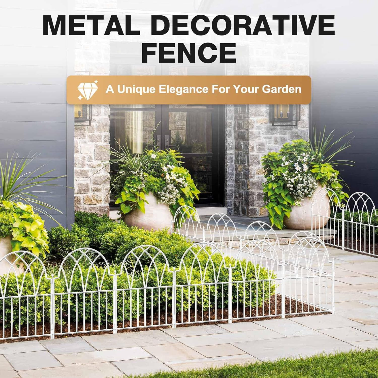 Garden Fence Panels – 17 In(H) X 20.07Ft(L) White Metal Fence No Dig Decorative