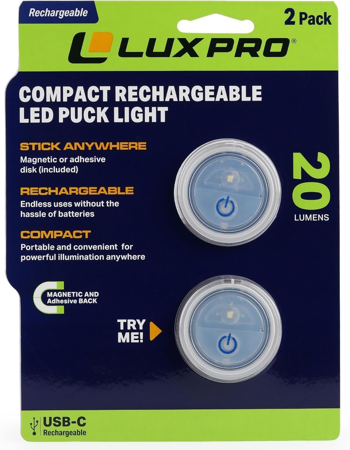 LUXPRO Waterproof Micro LED Rechargeable Puck Lights – Mini Puck Lights – 2 Pack