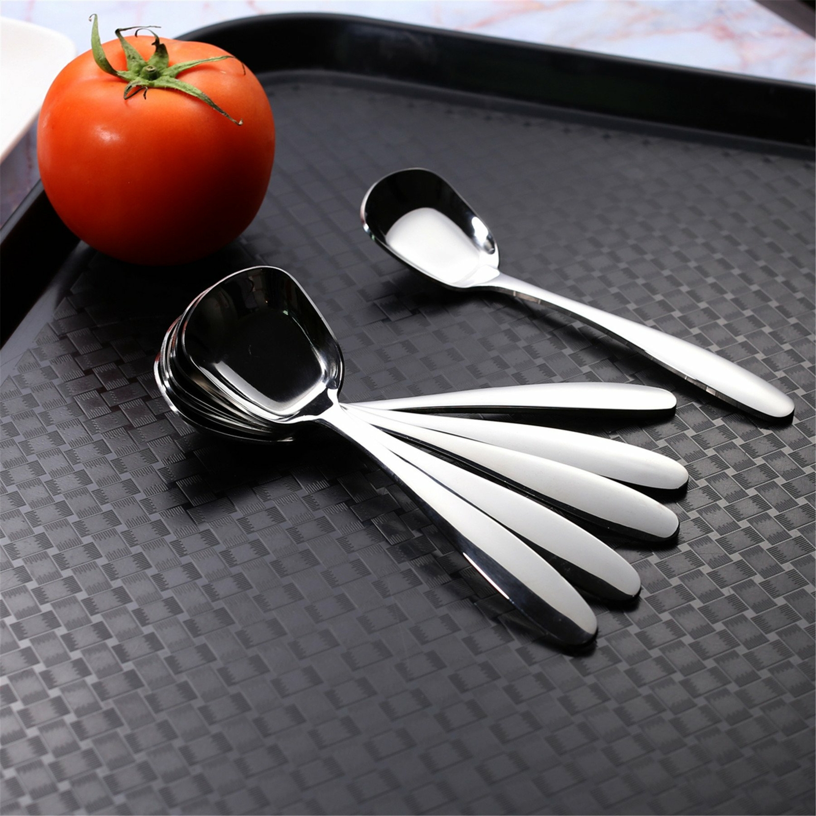 6pcs Stainless Steel Square Soup Spoon Dinner Spoon Flat Spoon Flatware 6 inches