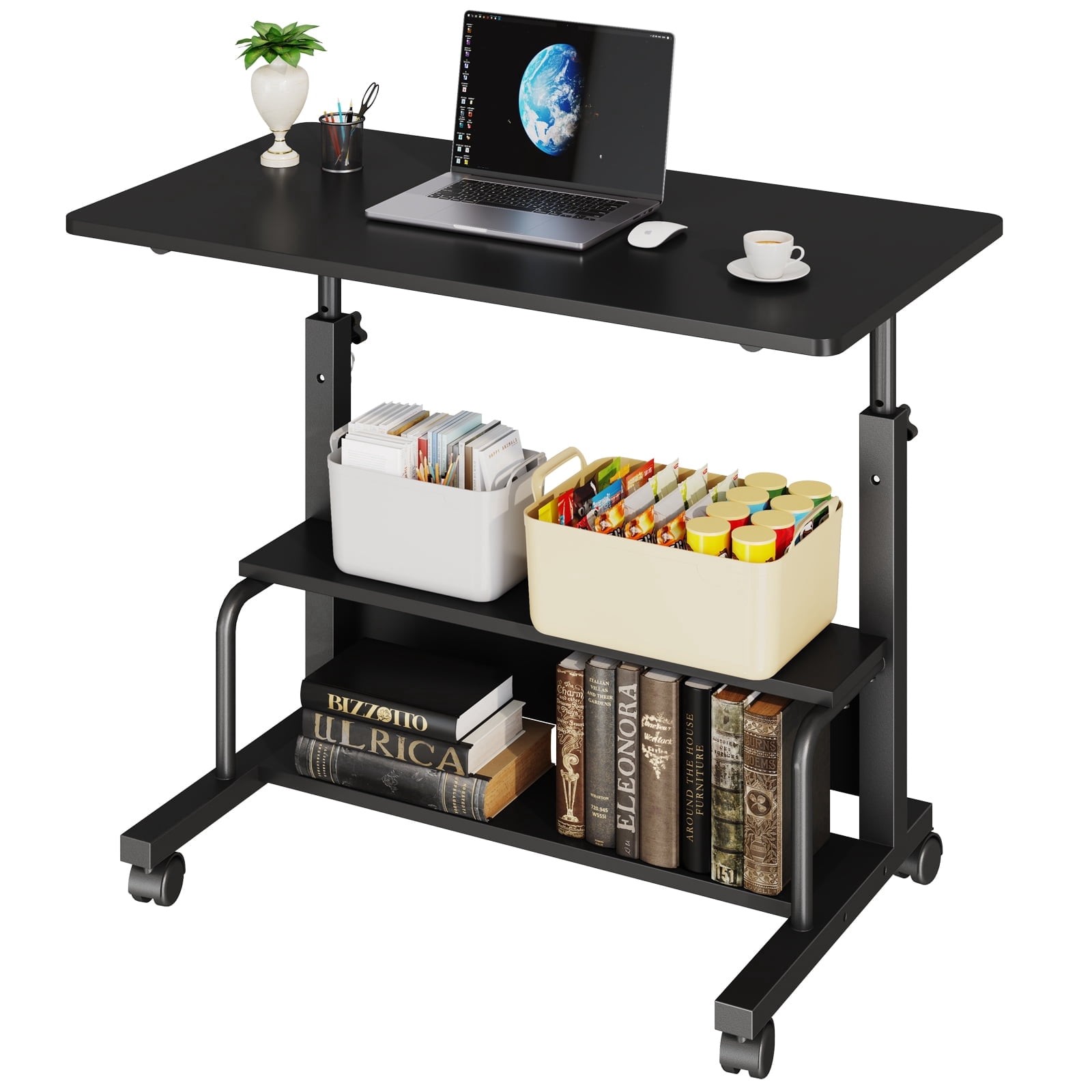 Black Height Adjustable Rolling Standing DeskSmall Space Home Office Study Table