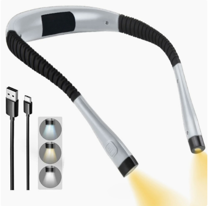 Gray USB Rechargeable LED Neck Light Book Light Reading in Bed Crafting Camping