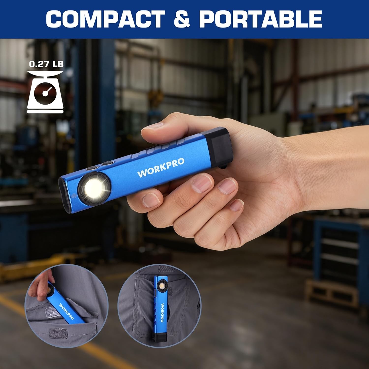 WORKPRO 600 Lumens Rechargeable LED Work Light Flat Pocket Flashlight w/UV Light