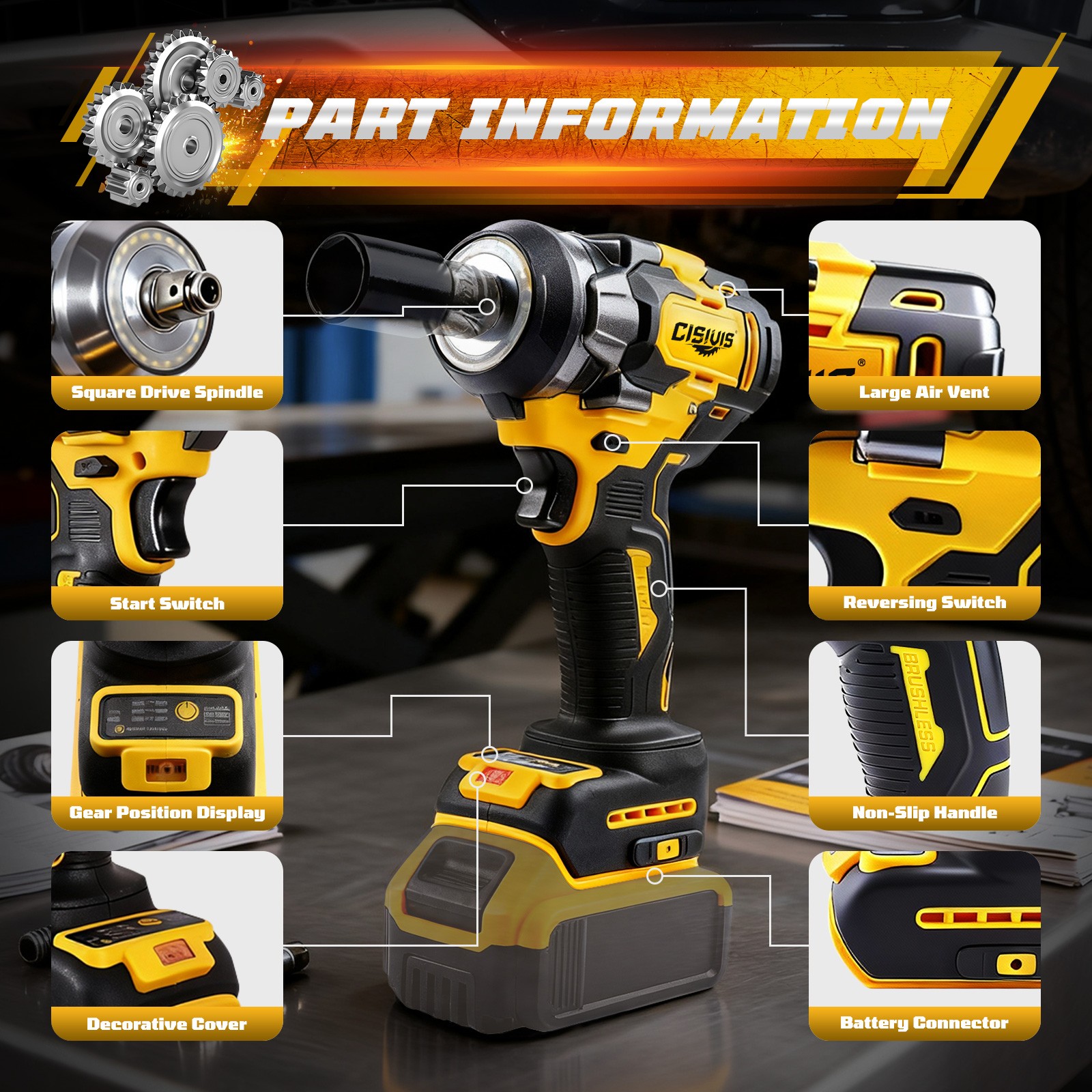 800N/m Brushless Electric Impact Wrench 1/2 Inch For Dewalt 18V 20V Battery