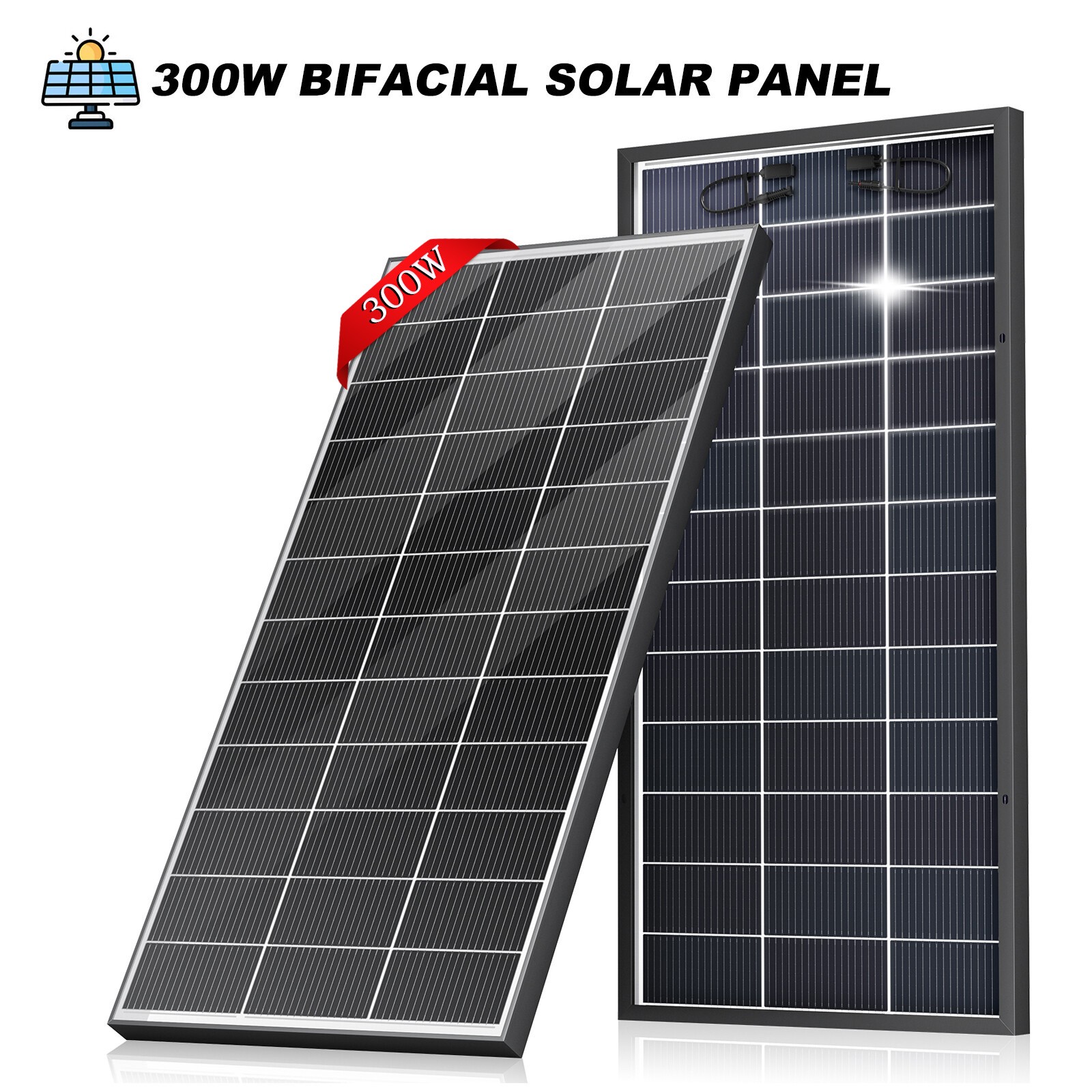 300W Bifacial N-Type Solar Panel Mono 12/24V Charging Home PV Off-Grid RV Boat