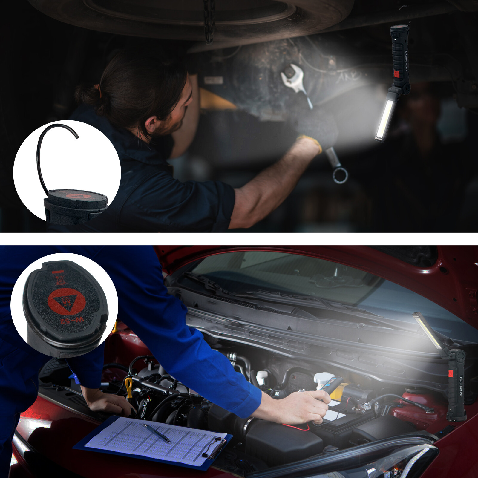 2 Pack Magnetic Base LED COB Work Light Rechargeable Mechanic Torch Flashlight