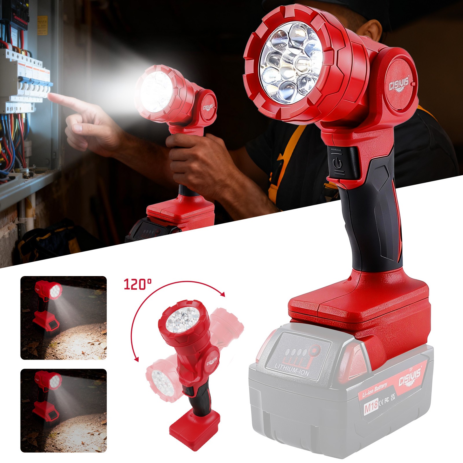CISIVIS LED Flashlight Cordless Led Work Light Compatible Milwaukee M18 Battery