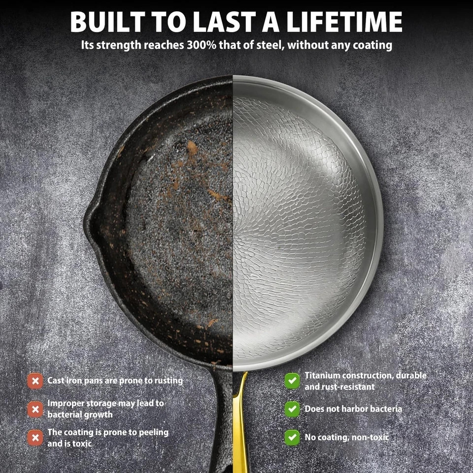 Pure Titanium Hammered Frying Pan with Lid, 12 Inch Skillet, No Coating Cookw…