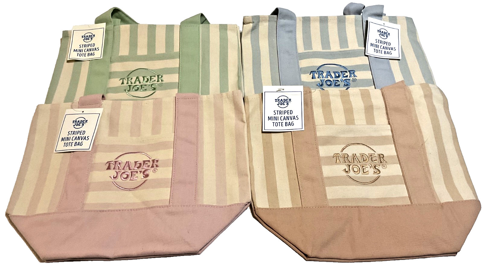 Trader Joe’s Mini Canvas Tote Bag-4 pack Striped Green, Pink, Blue, and Brown