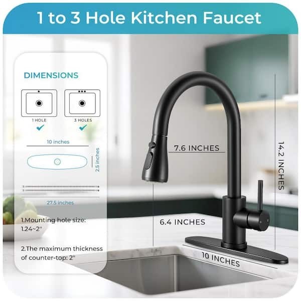 Mttcle Matte Black Pull Down Kitchen Faucet 14.2 in 360° Swivel Sprayer