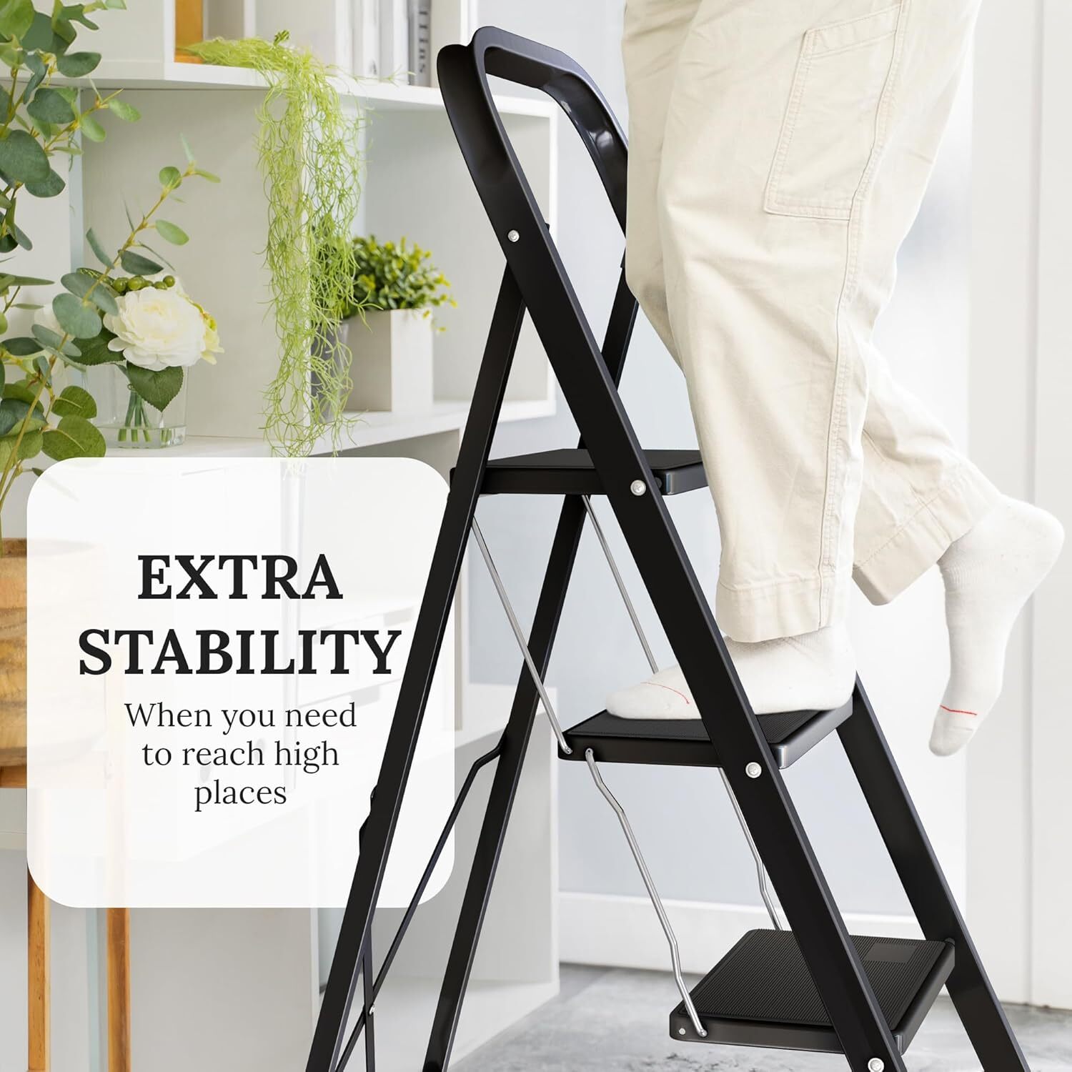Steel Folding 2/3 Step Stool Ladder Adults With Soft-Grip Handle 330 Lbs White