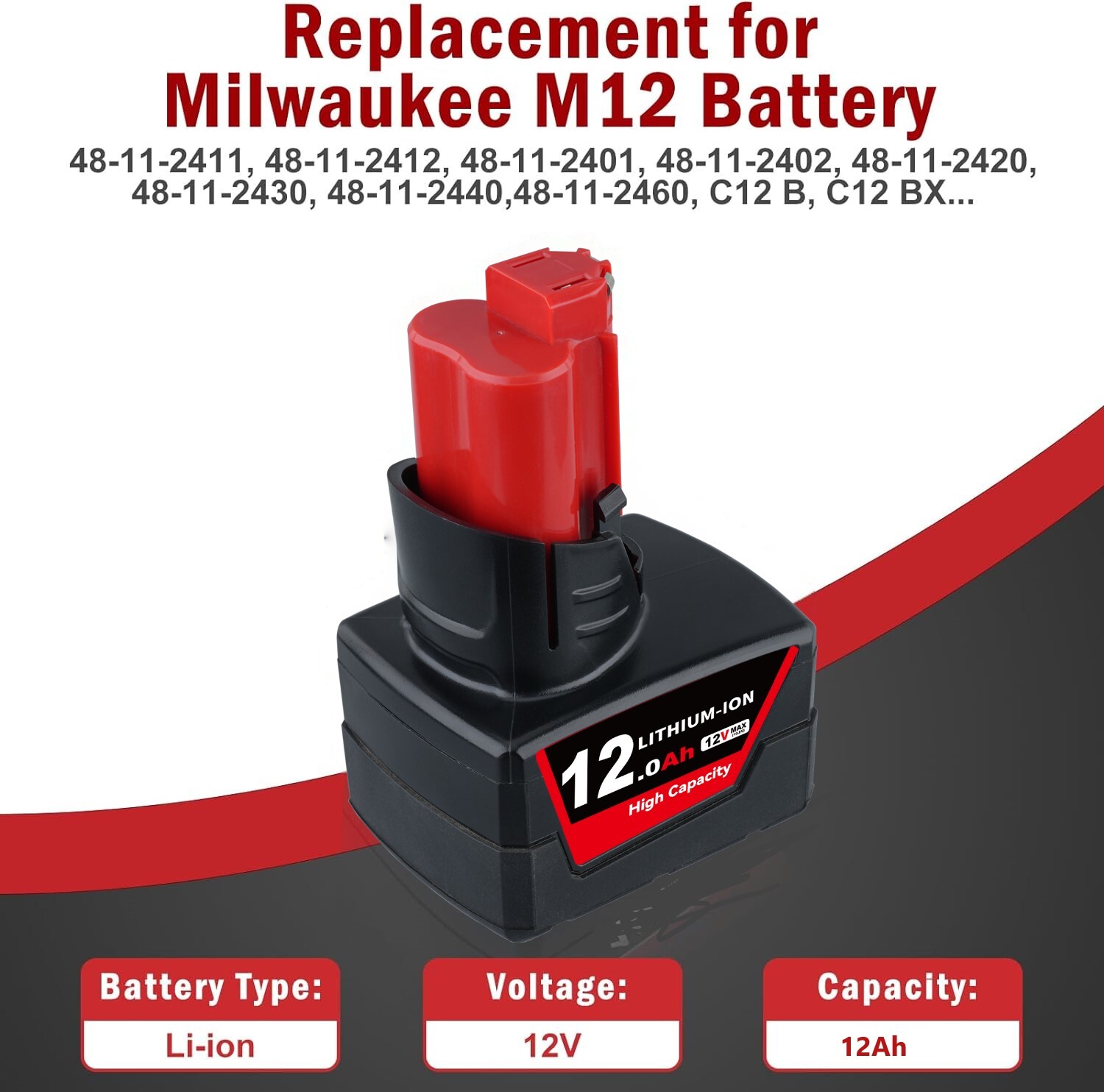 2X 12.0Ah 48-11-2460 for M12 LITHIUM 12V Extended Capacity Battery For Milwaukee