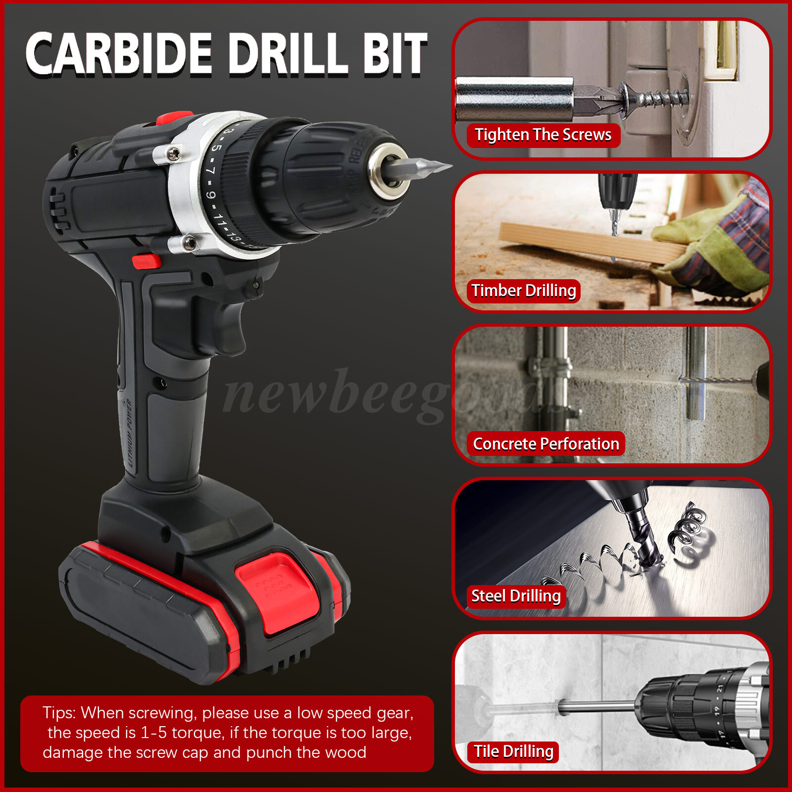 21V Electric Drill 3/8″ Power Cordless Screwdriver Drill Set with 2 Battery Kit
