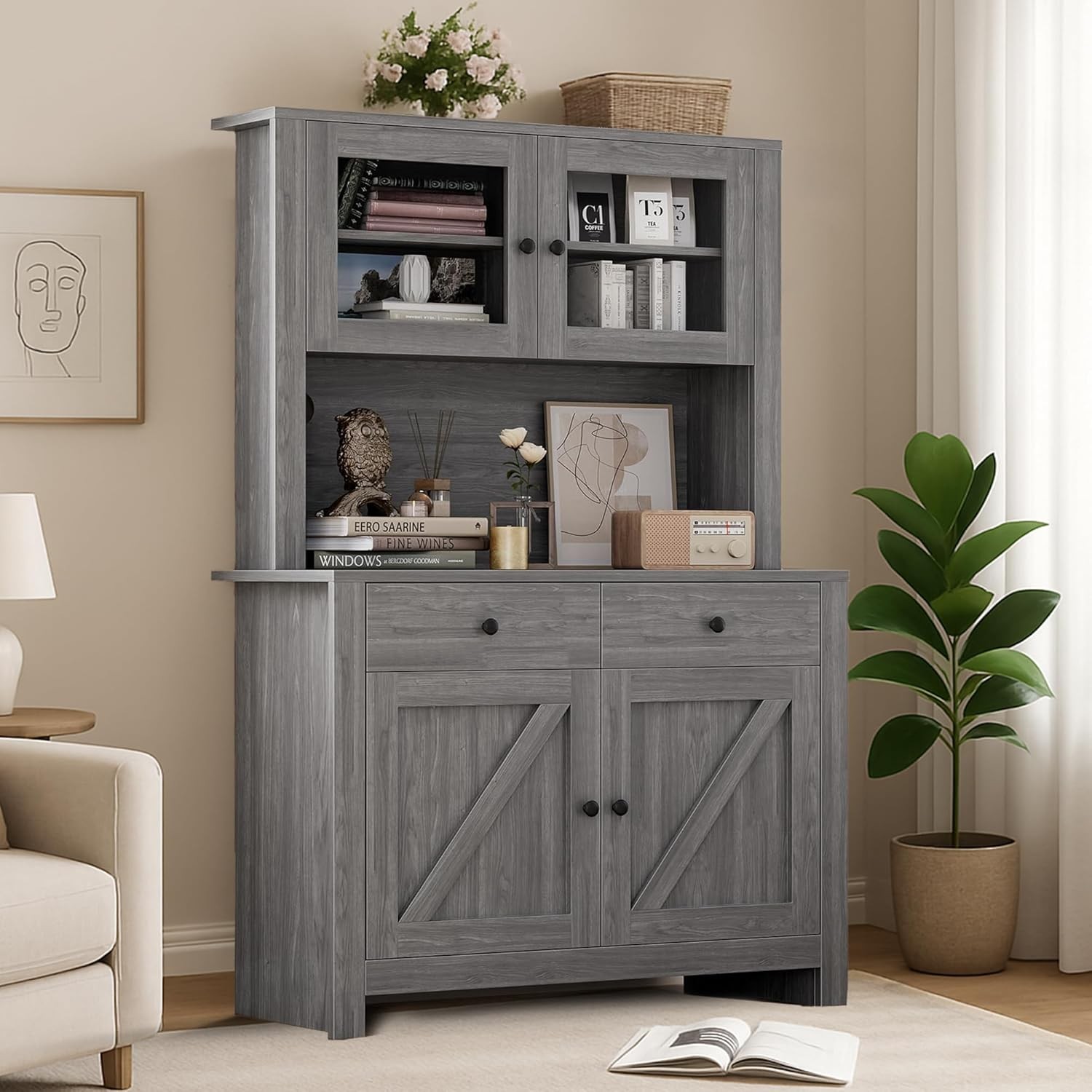 63″ Tall Kitchen Pantry Cabinet with Drawers, Hutch Cabinet with Microwave Stand