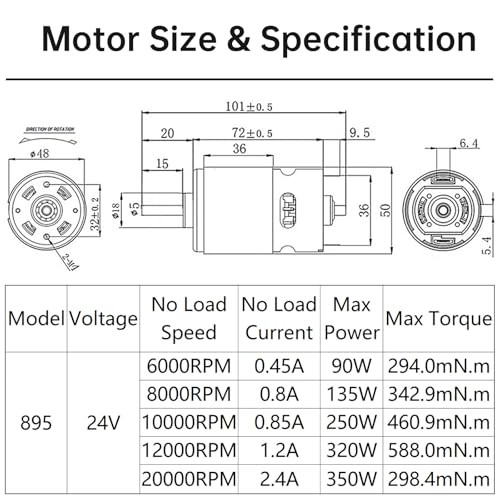24V 895 DC Motor, 8000RPM High Speed Geared Motor High 135 Watts 8000 RPM
