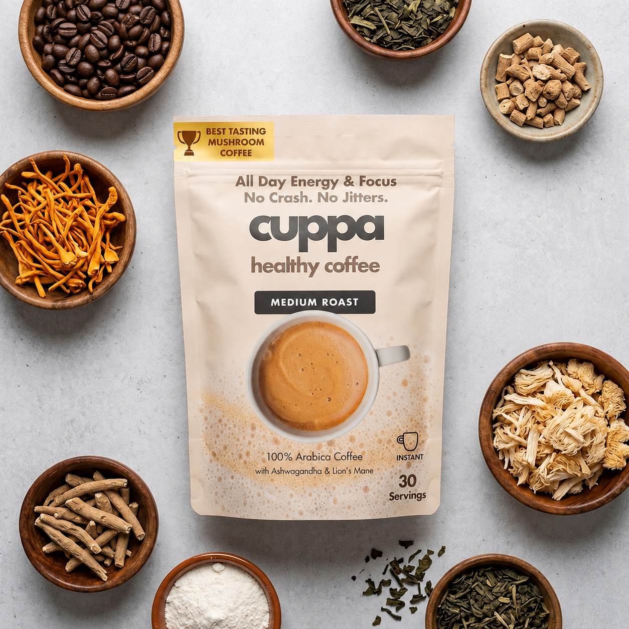 Cuppa Mushroom Coffee Medium Roast Lion’s Mane 60 Servings 2 x 30 Pack Organic
