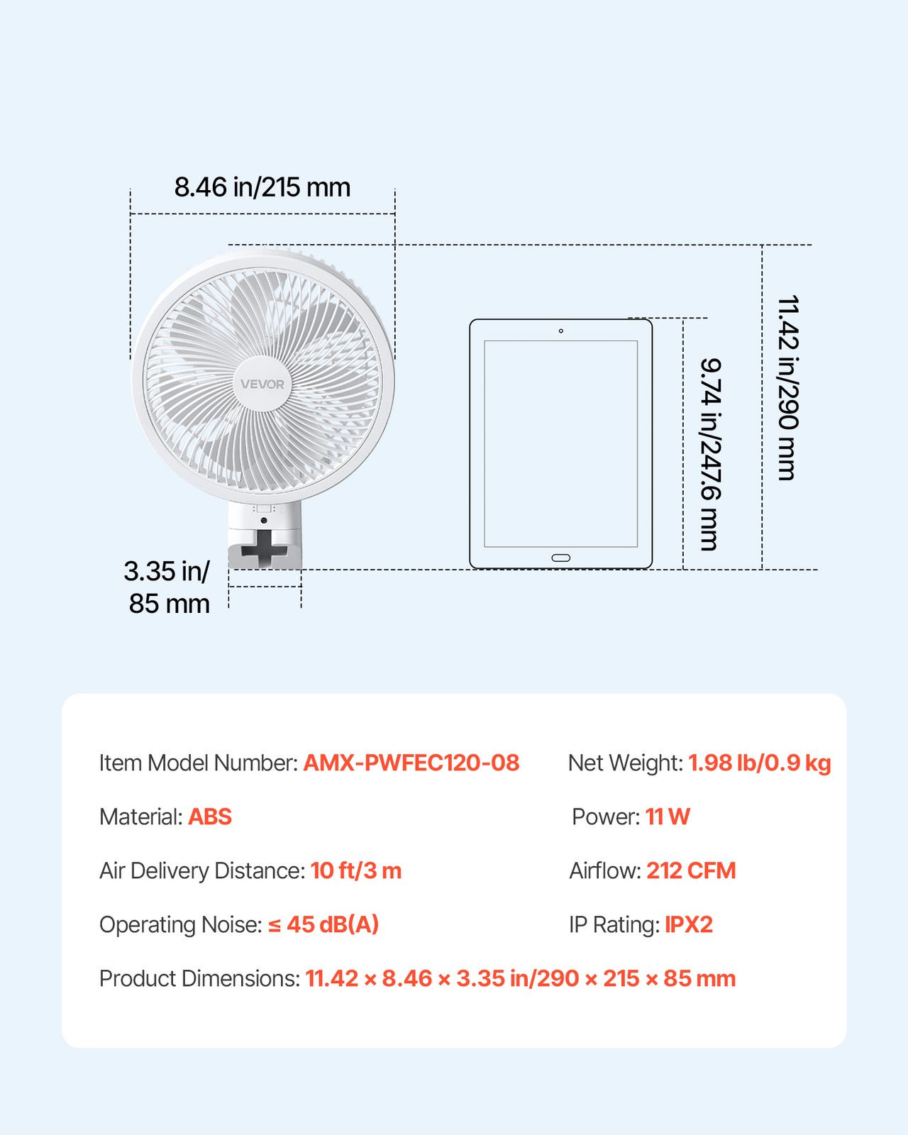 VEVOR 8.5 in Wall Mount Fan Oscillating with Remote Control 4 Speeds Timer Home