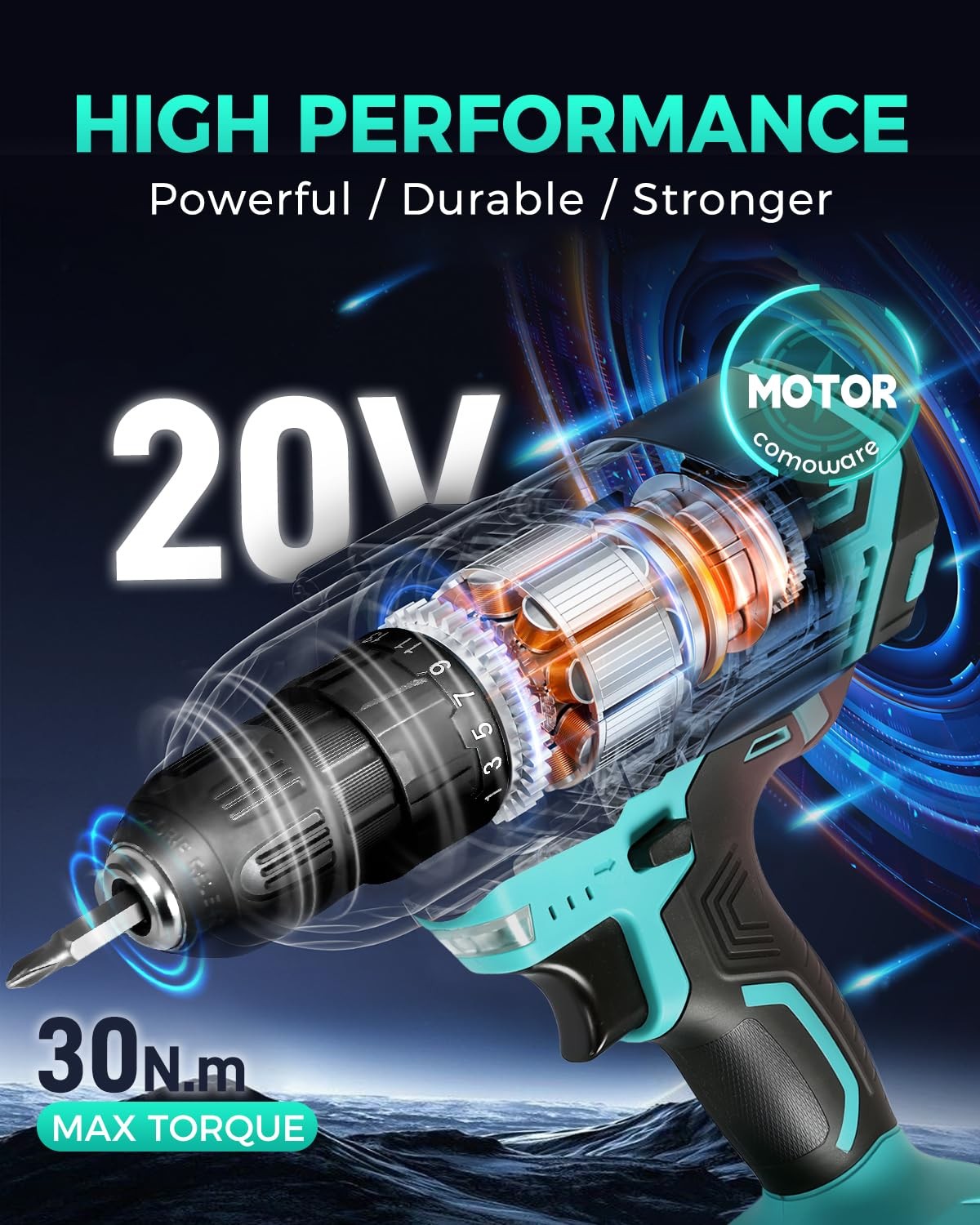 20V Cordless Drill, Electric Power Drill Set with 1 Battery & Charger, 3/8″ K…