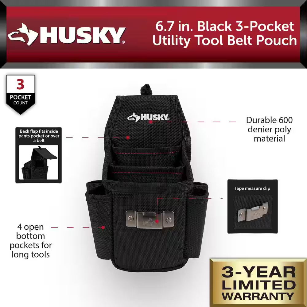 Husky 6.7 In. Black 3-Pocket Utility Tool Belt Pouch