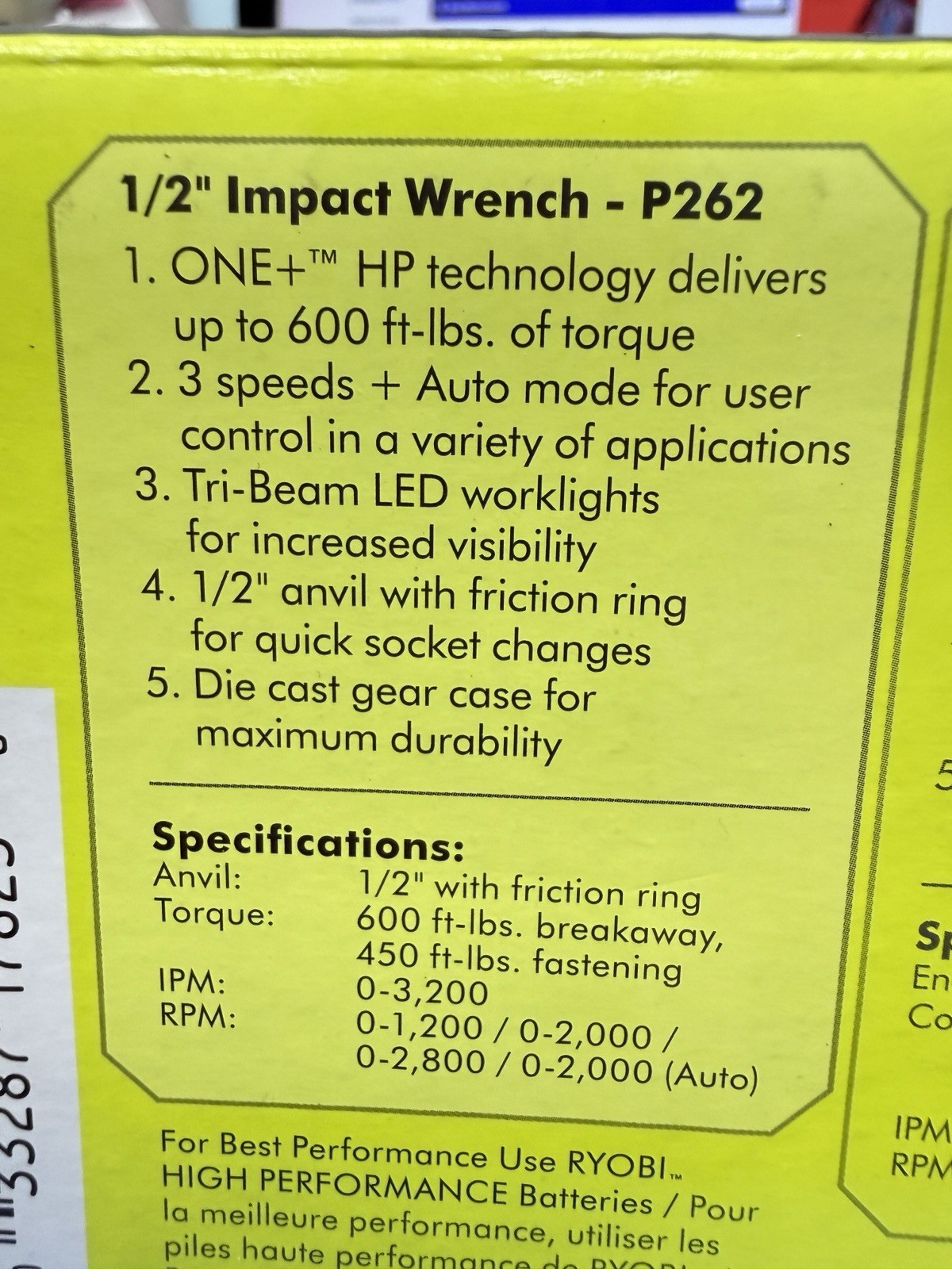 Ryobi P262 ONE+ HP 18V Brushless 4-Mode 1/2 in. Impact Wrench Bare Tool New