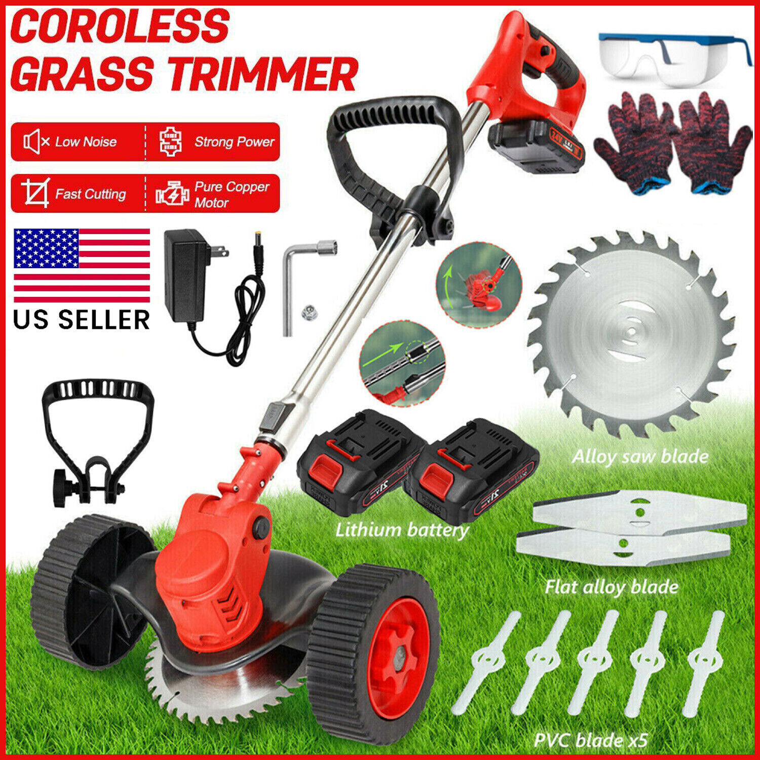 24V Electric Weed Wacker Cutter Grass String Trimmer Cordless 2 Battery Powered