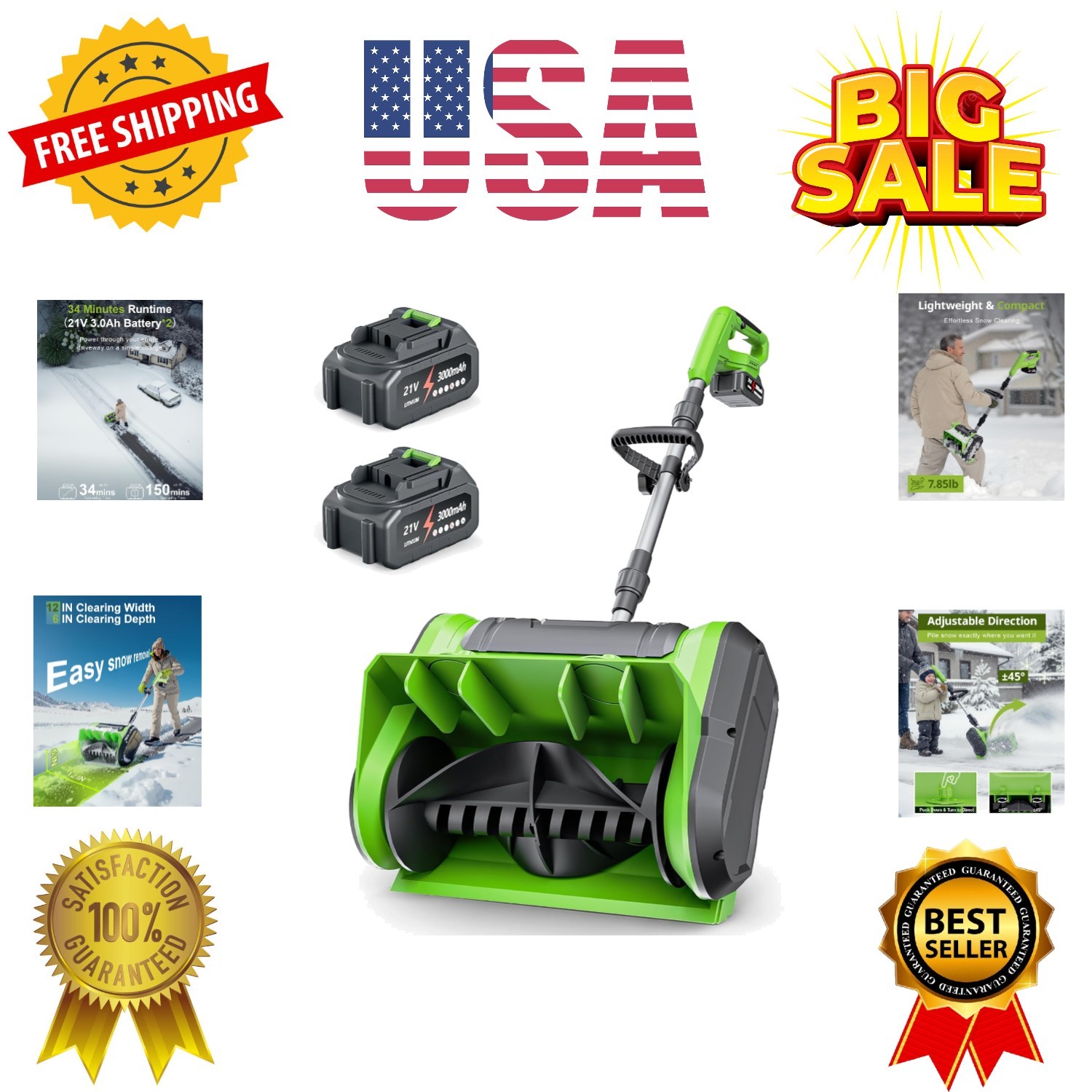Electric Cordless Snow Shovel, 2X 3.0Ah/ 21V/ 12-Inch Battery Snow Blower wit…