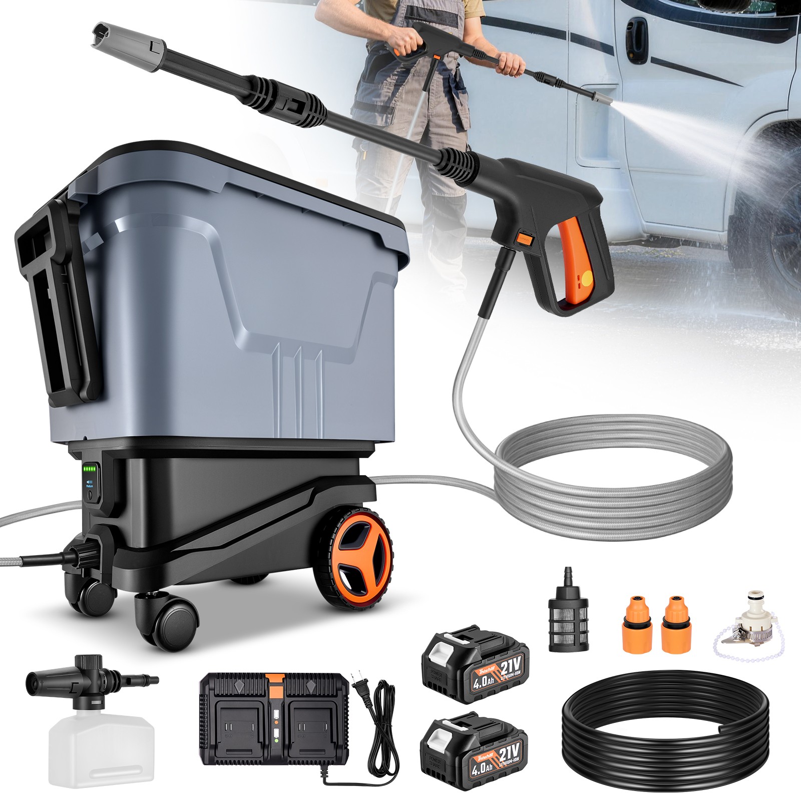Battery Operated Pressure Washer 21V 2000 PSI with Fast Dual Charging