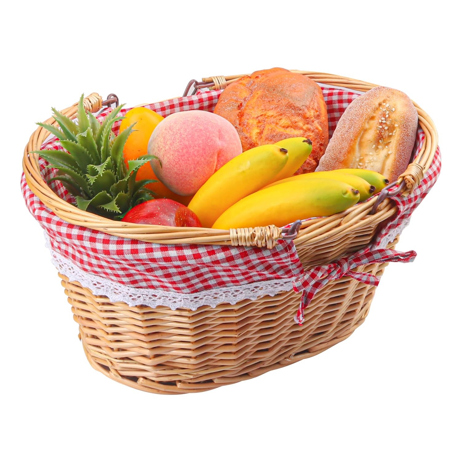 14.2 In Large Natural Wicker Basket Linen Cotton Lining Oval Woven Handle