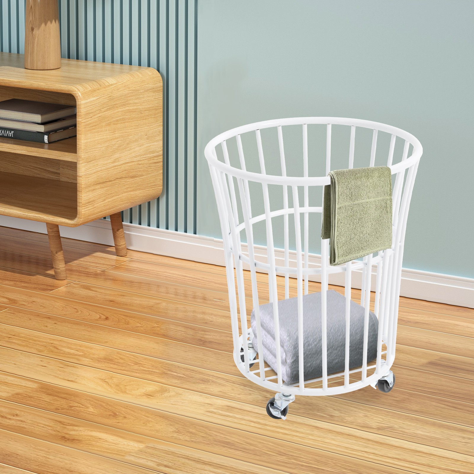 Metal Rolling Laundry Basket, 14.2*15.7in White Laundry Basket with Wheels