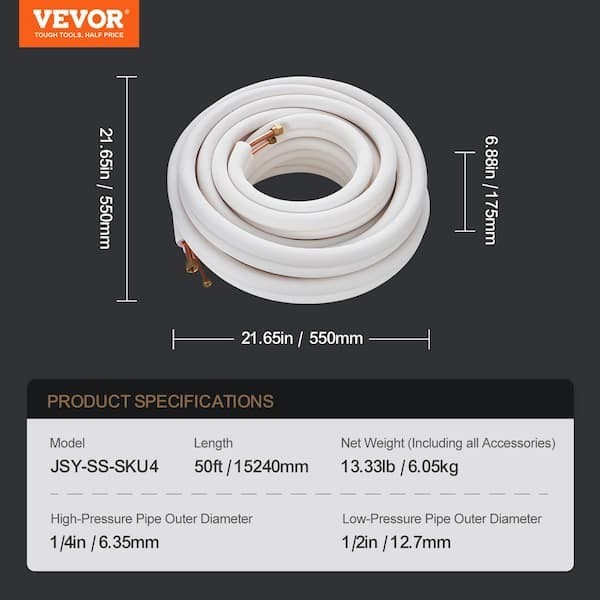 VEVOR 1/4″x1/2″ x50 Feet Mini Split Line Set Insulated Copper Tubing JSY-SS-SKU4