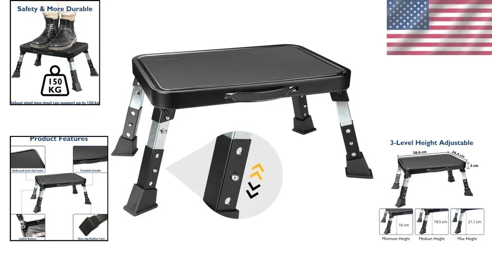 Compact Heavy Duty Step Stool with Adjustable Height & Slip Resistance